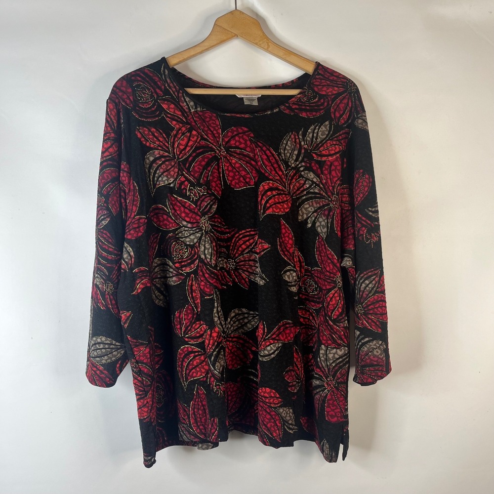 Allison Daley Plus Knit Top Womens 3X Red Black Floral 3/4 Sleeve Metallic Scoop
